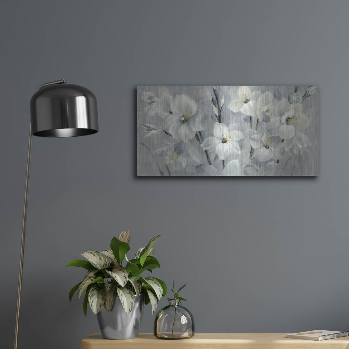 'Flowers on Gray' by Silvia Vassileva – Metal Wall Art, 24x12 room view