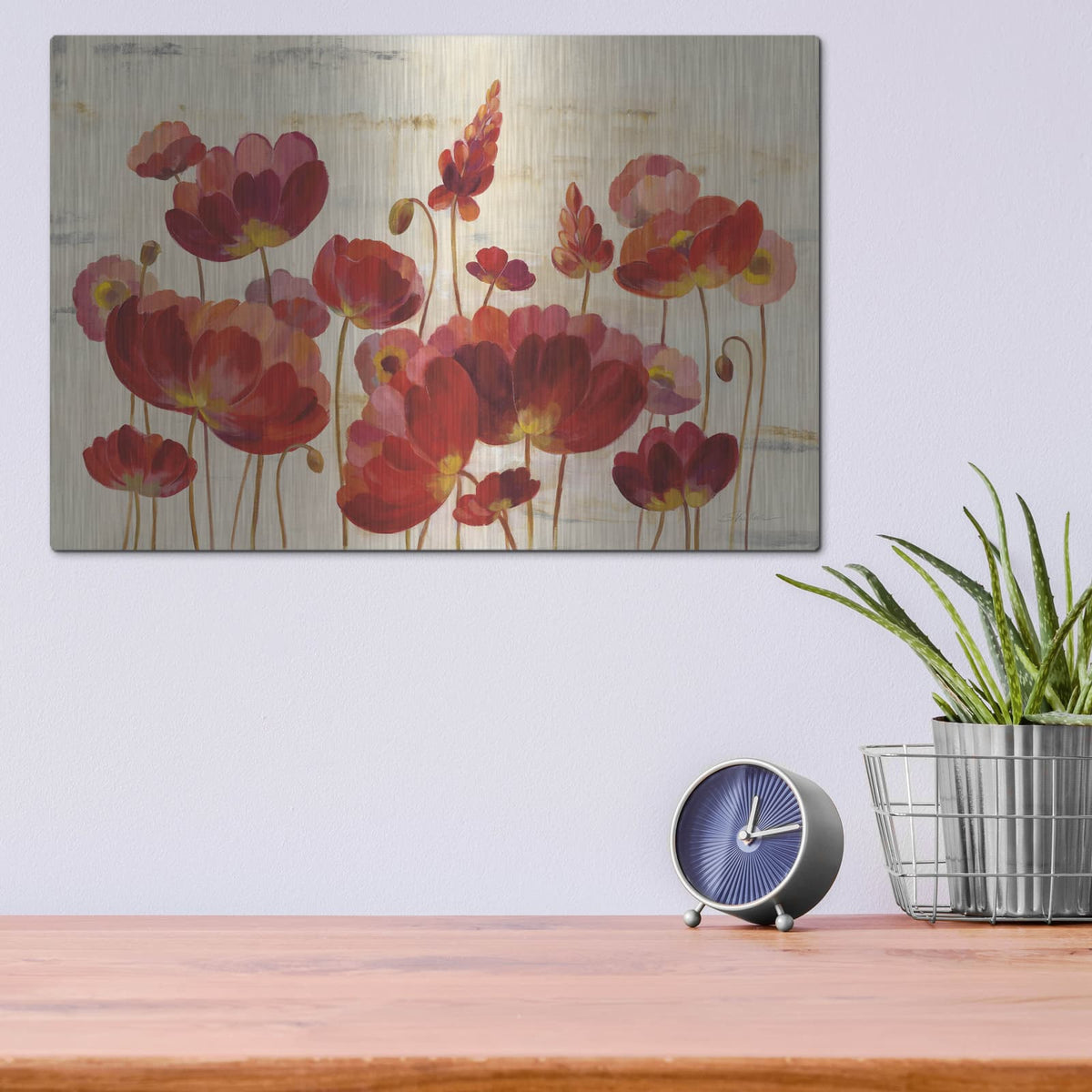 'Red Flowers on Marble' by Silvia Vassileva – Metal Wall Art, 16x12 room view