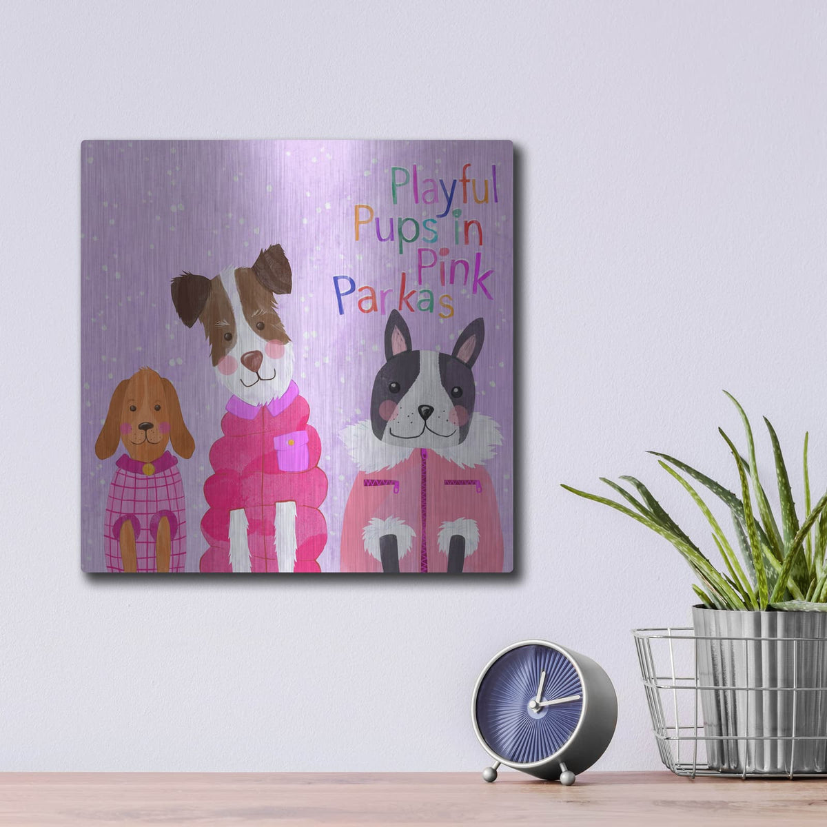 'Playful Pups In Pink Parkas' by Michal Loren Art – Metal Wall Art, 12x12 room view