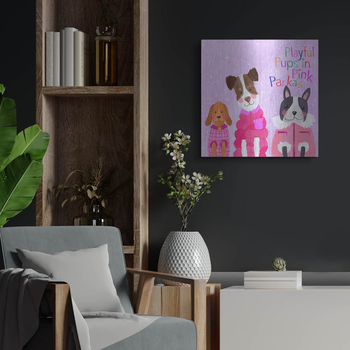 'Playful Pups In Pink Parkas' by Michal Loren Art – Metal Wall Art, 24x24 room view