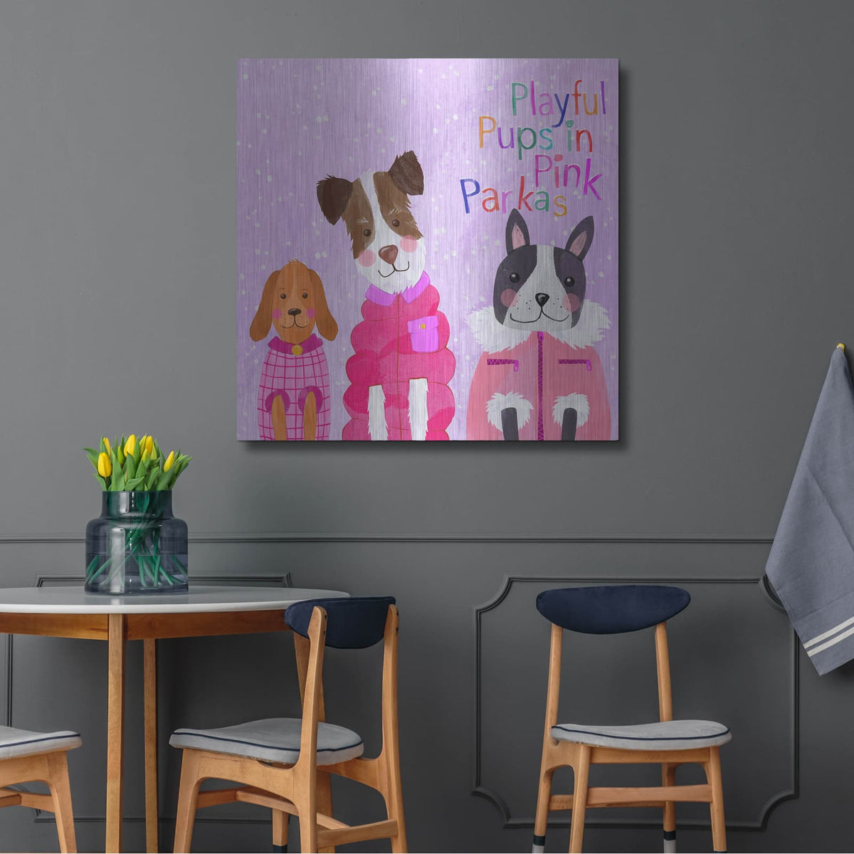 'Playful Pups In Pink Parkas' by Michal Loren Art – Metal Wall Art, 36x36 room view