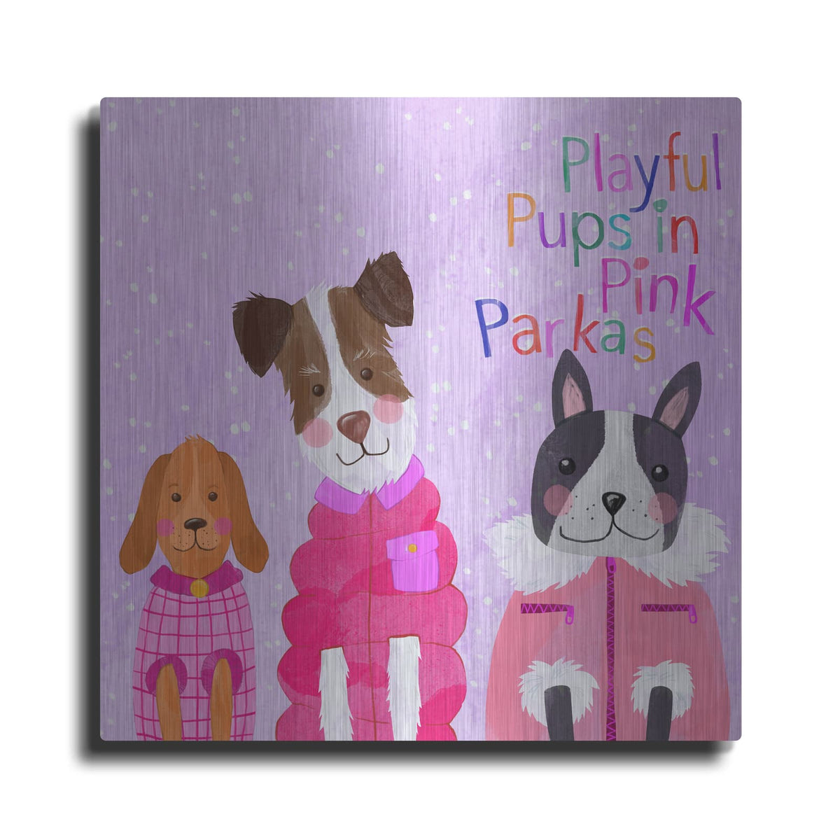 'Playful Pups In Pink Parkas' by Michal Loren Art – Metal Wall Art