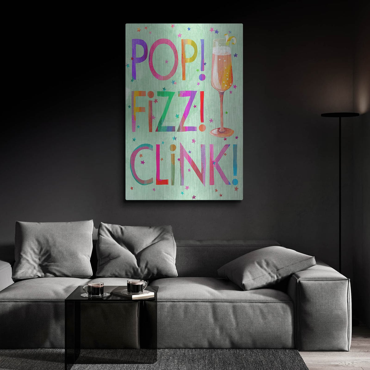 'Pop Fizz Clink' by Michal Loren Art – Metal Wall Art, 24x36 room view