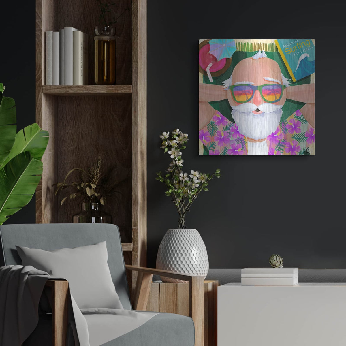 'Surfing Santa' by Michal Loren Art – Metal Wall Art, 24x24 room view