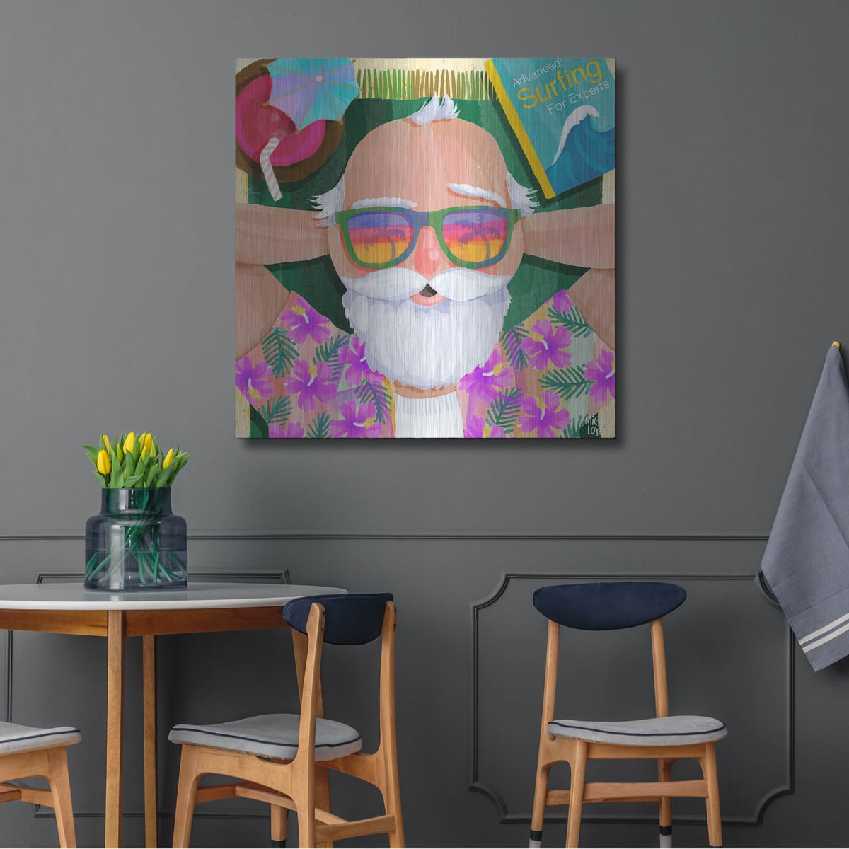 'Surfing Santa' by Michal Loren Art – Metal Wall Art, 36x36 room view