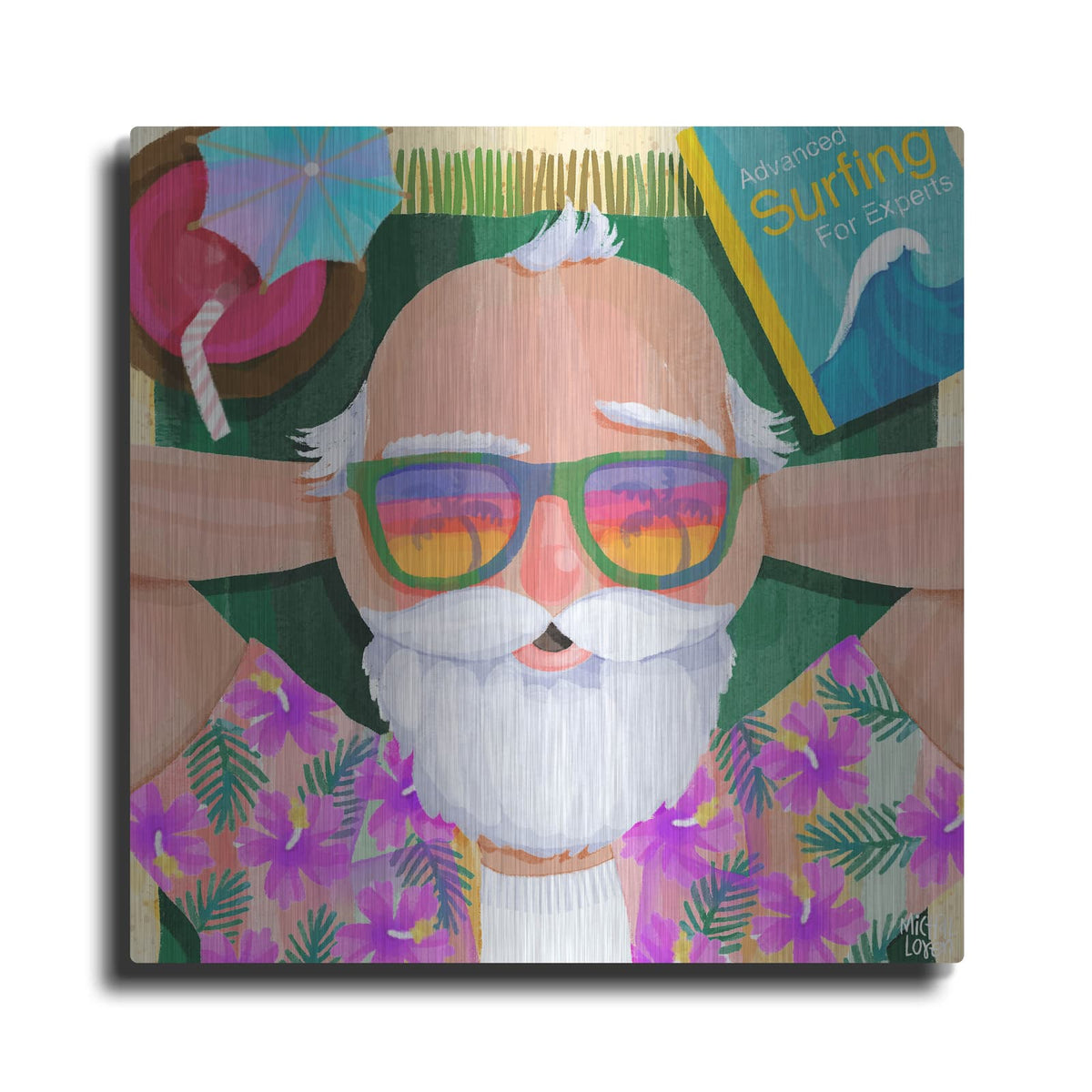 'Surfing Santa' by Michal Loren Art – Metal Wall Art