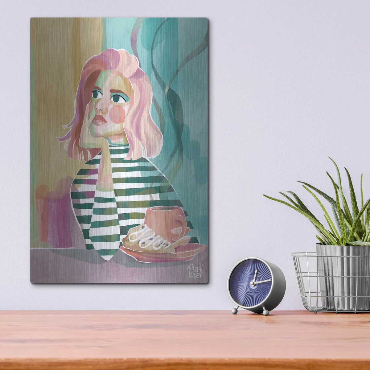 'Thoughtful Brew' by Michal Loren Art – Metal Wall Art, 12x16 room view