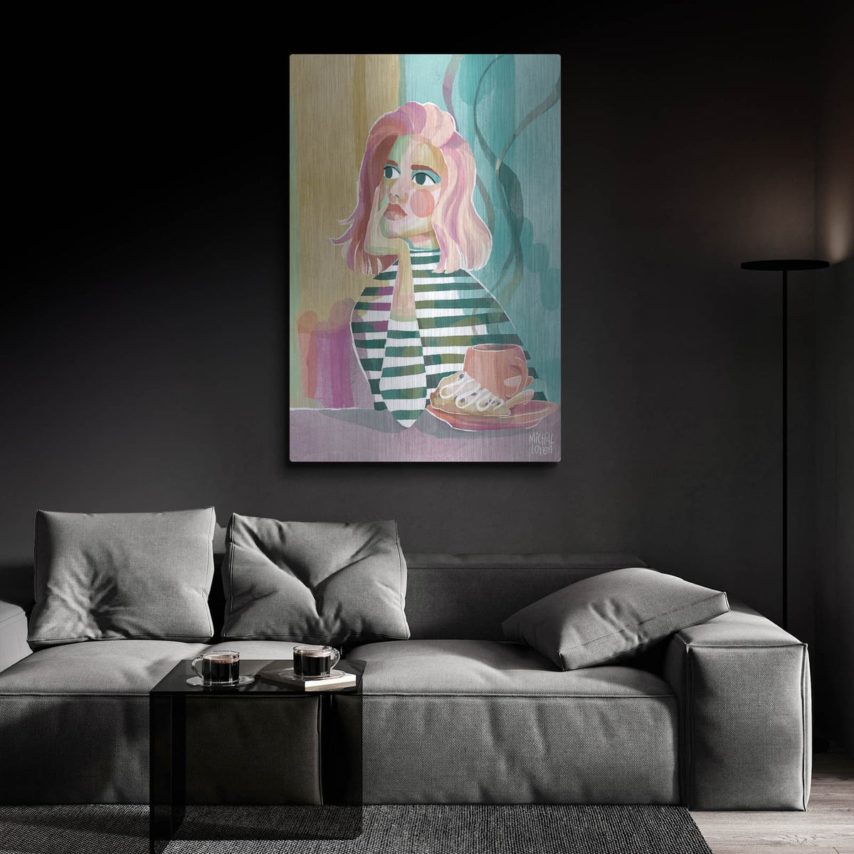 'Thoughtful Brew' by Michal Loren Art – Metal Wall Art, 24x36 room view