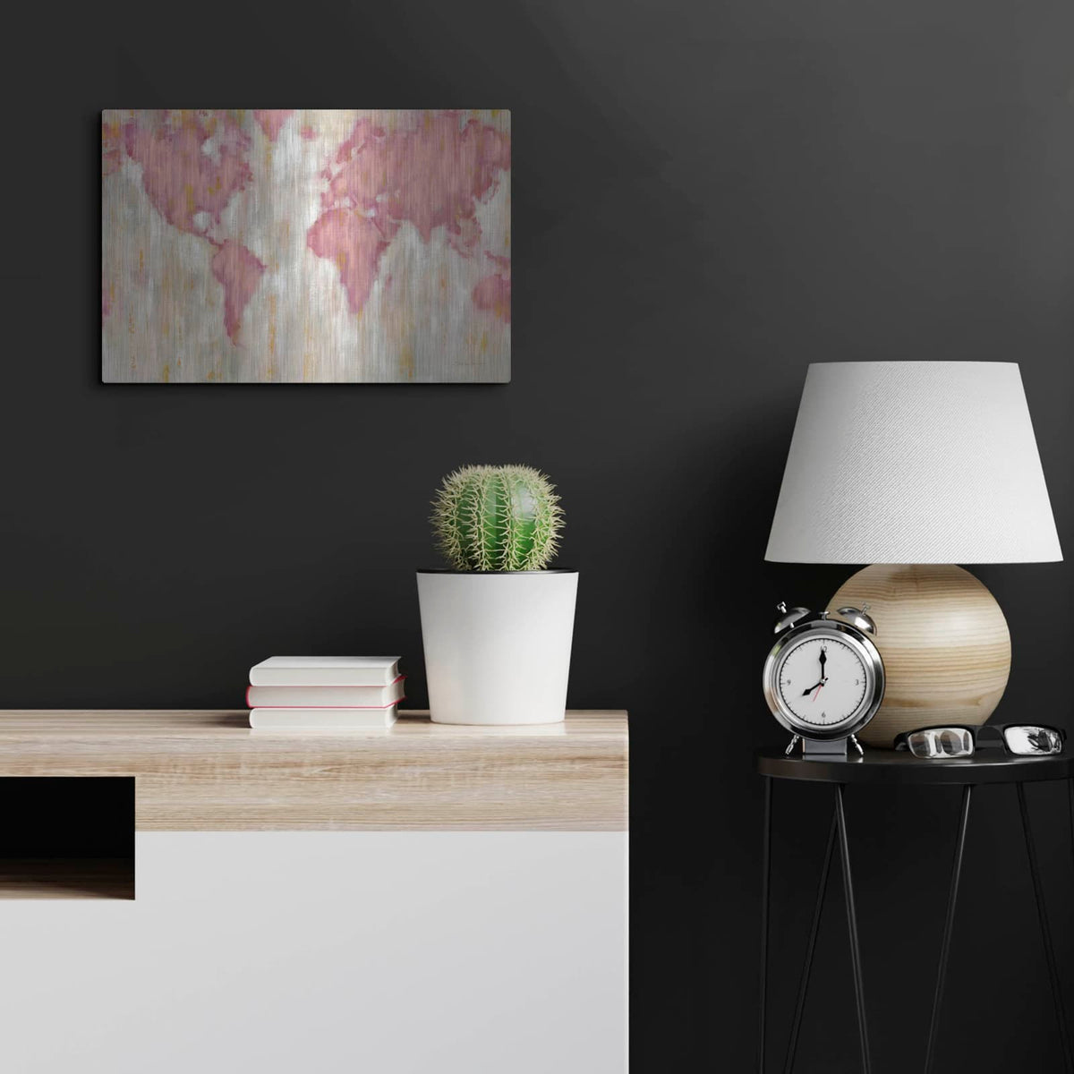 'Blush World Map' by Silvia Vassileva – Metal Wall Art, 24x16 room view