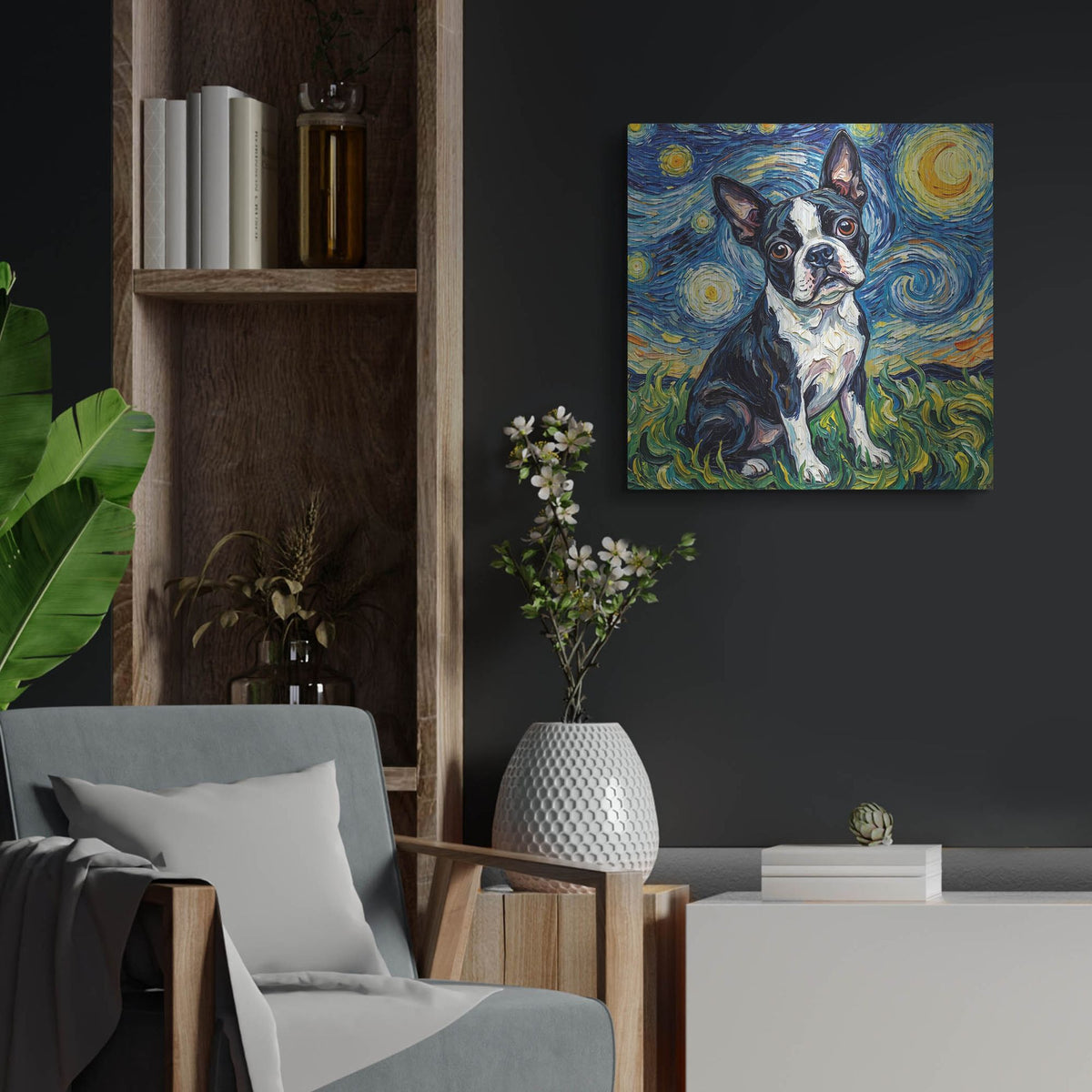 'Boston Terrier Starry Night' by Rich Monet Metal Wall Art