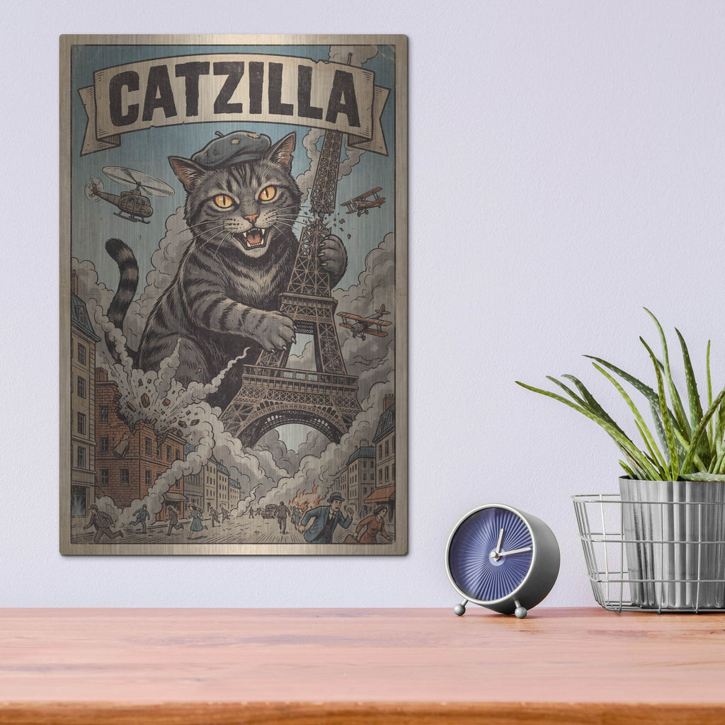 'Catzilla In Paris' by Rich Monet Metal Wall Art