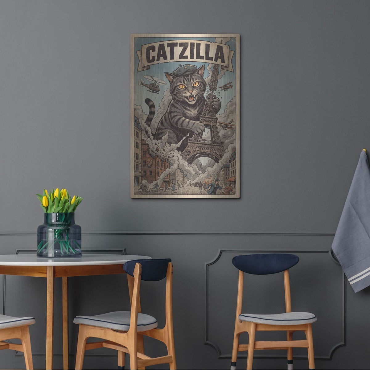 'Catzilla In Paris' by Rich Monet Metal Wall Art