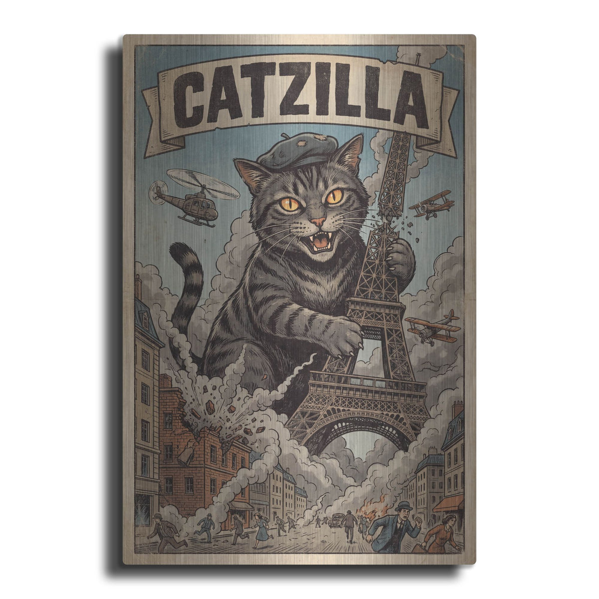 'Catzilla In Paris' by Rich Monet Metal Wall Art