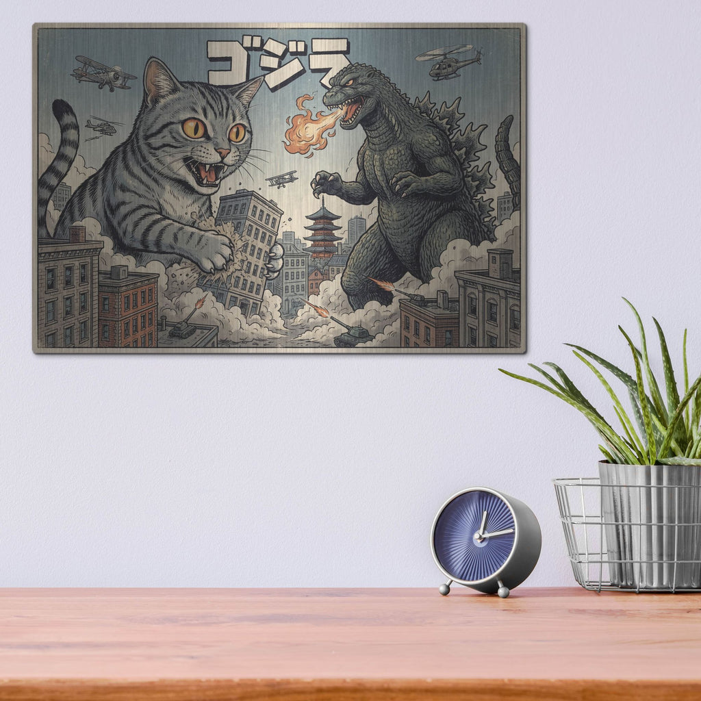 'Catzilla In Tokyo' by Rich Monet Metal Wall Art