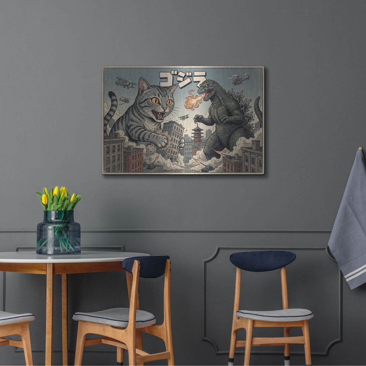 'Catzilla In Tokyo' by Rich Monet Metal Wall Art
