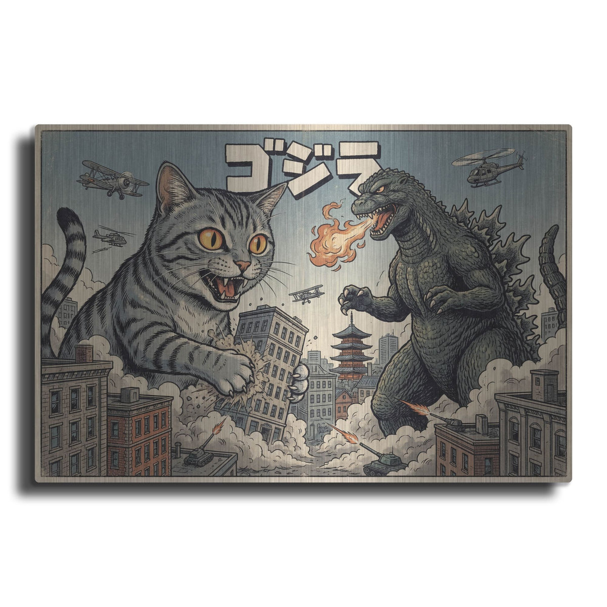 'Catzilla In Tokyo' by Rich Monet Metal Wall Art
