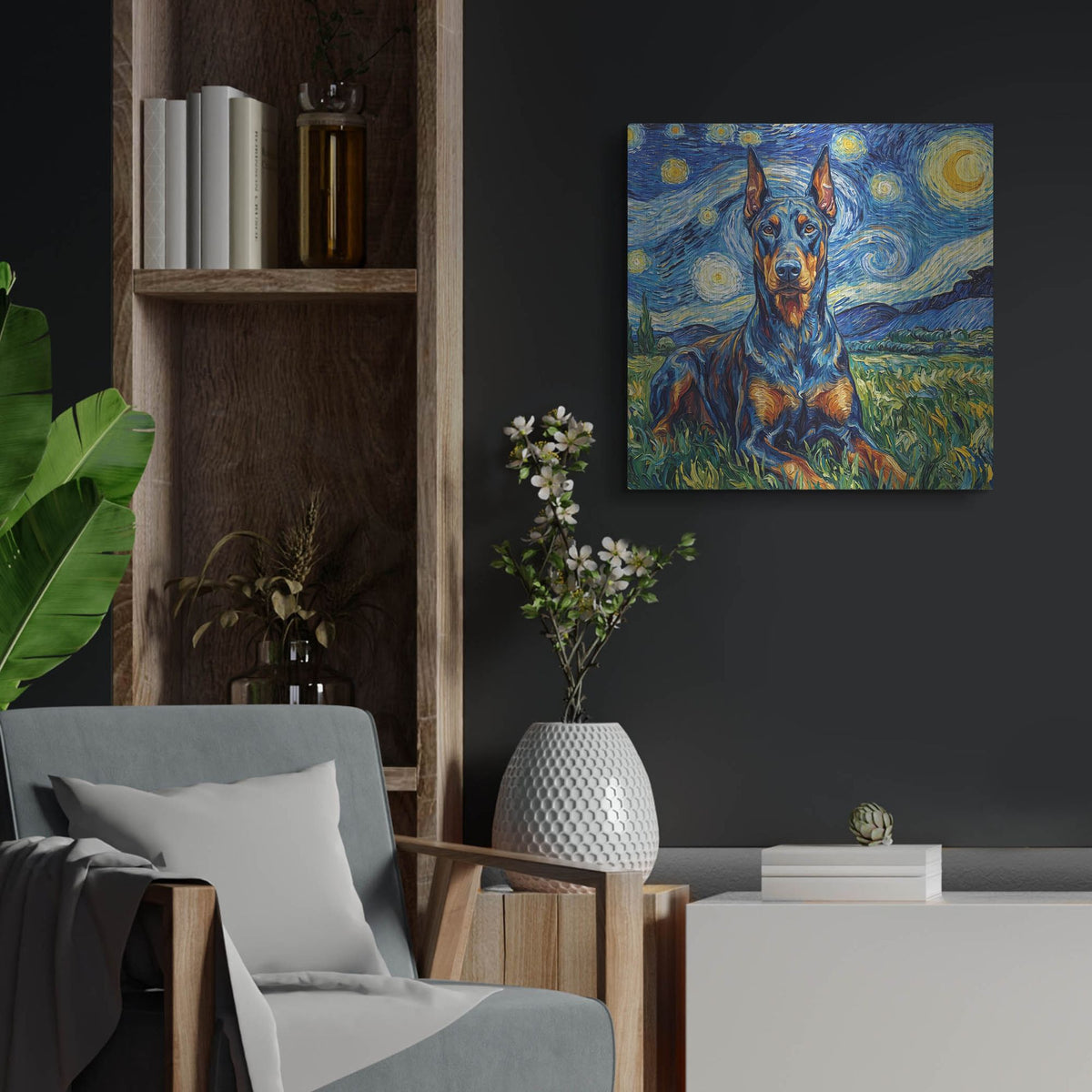 'Doberman Pinscher Starry Night' by Rich Monet Metal Wall Art