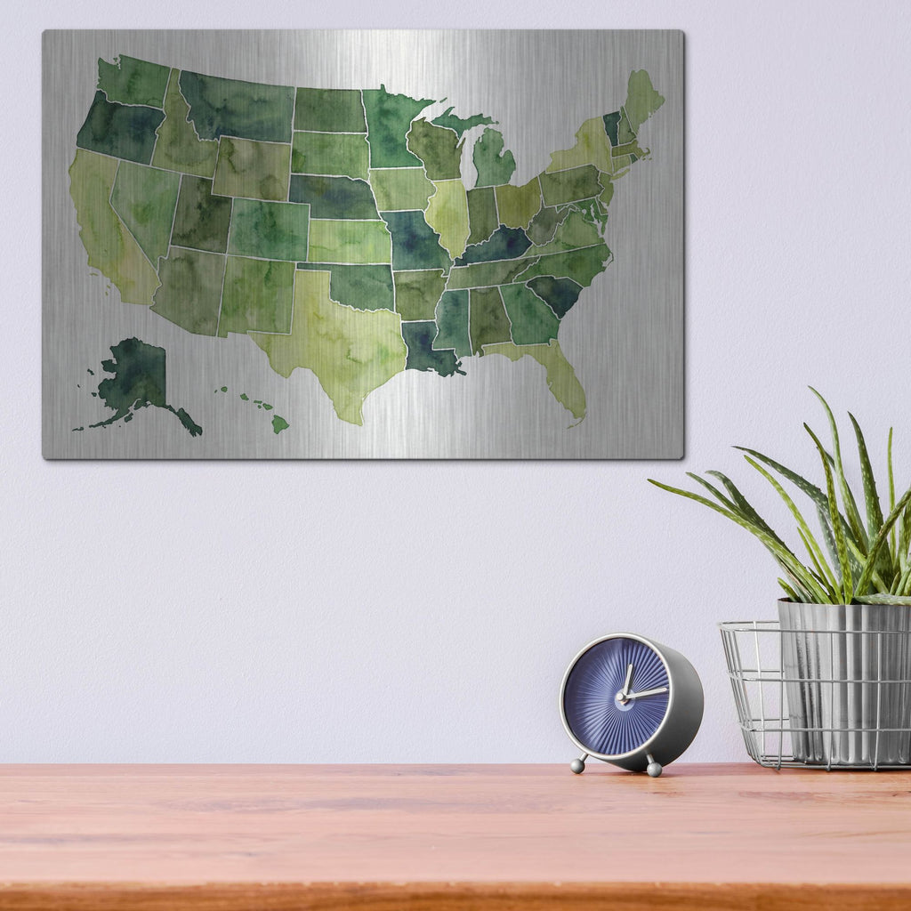 'Usa Map In Green Watercolor' by Rich Monet Metal Wall Art