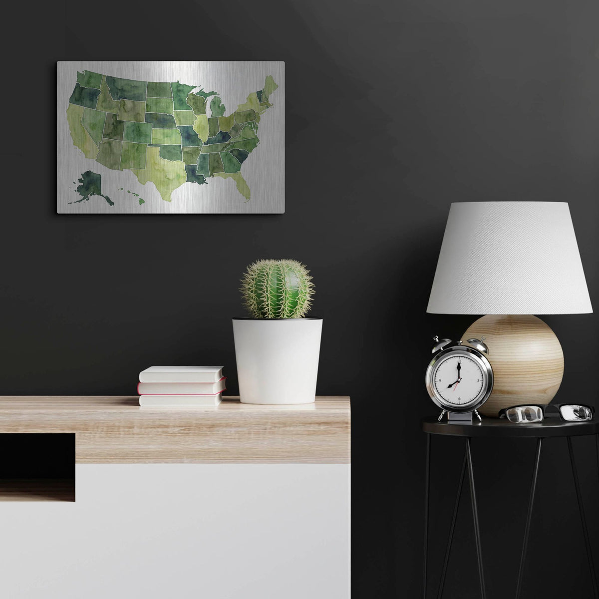 'Usa Map In Green Watercolor' by Rich Monet Metal Wall Art