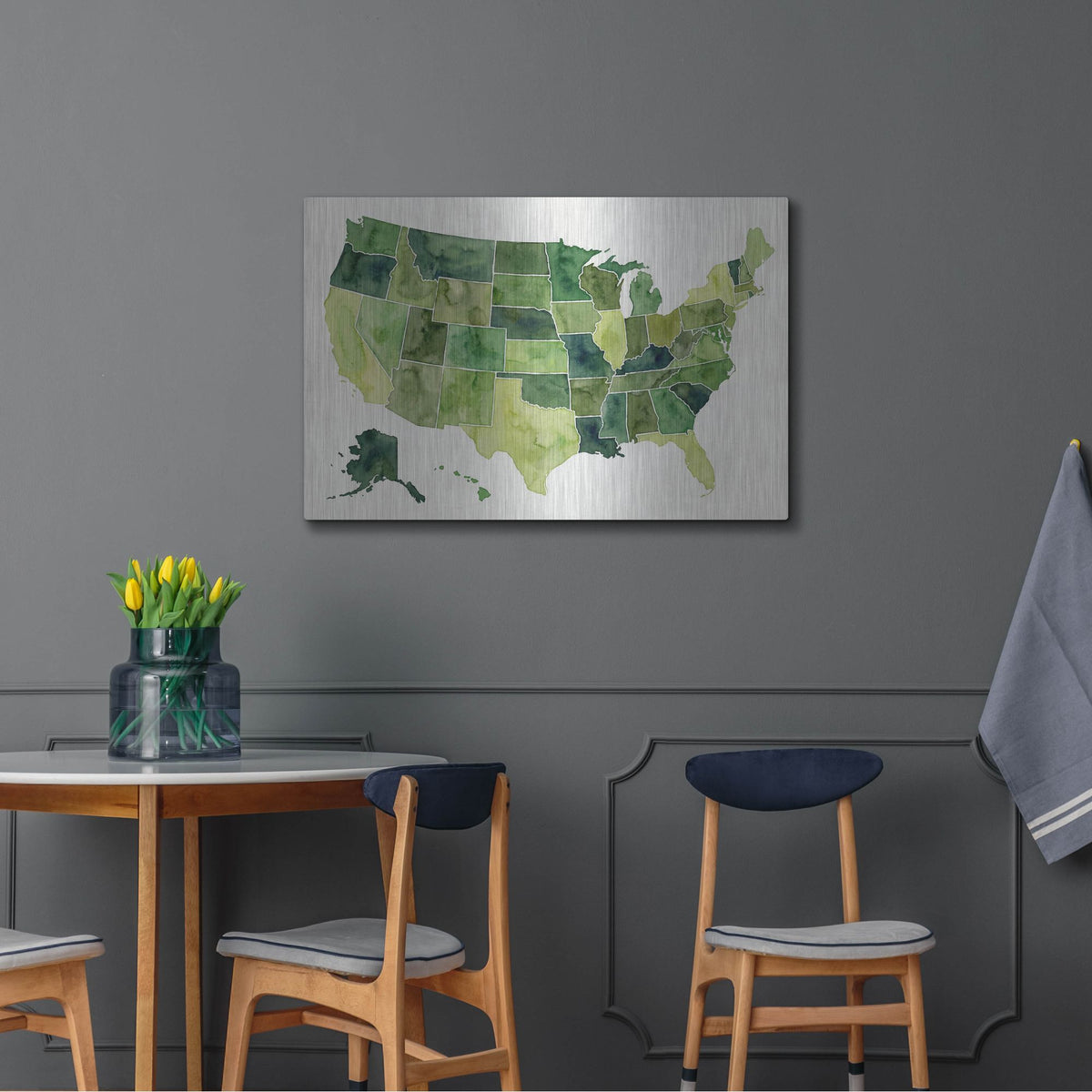 'Usa Map In Green Watercolor' by Rich Monet Metal Wall Art