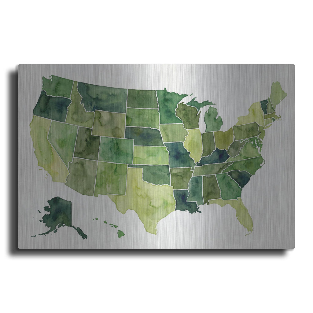 'Usa Map In Green Watercolor' by Rich Monet Metal Wall Art
