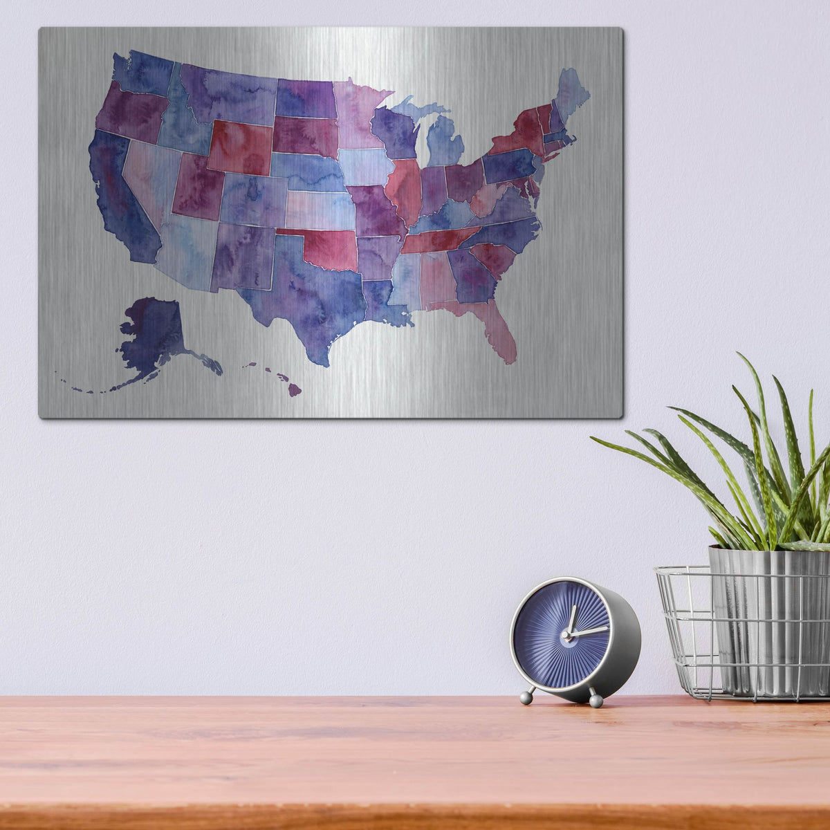'Usa Map In Purple Watercolor' by Rich Monet Metal Wall Art