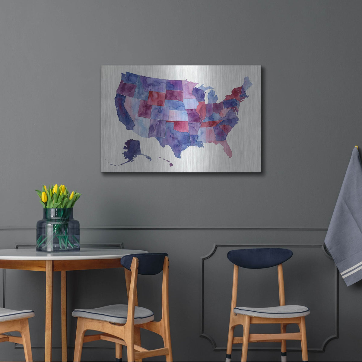 'Usa Map In Purple Watercolor' by Rich Monet Metal Wall Art