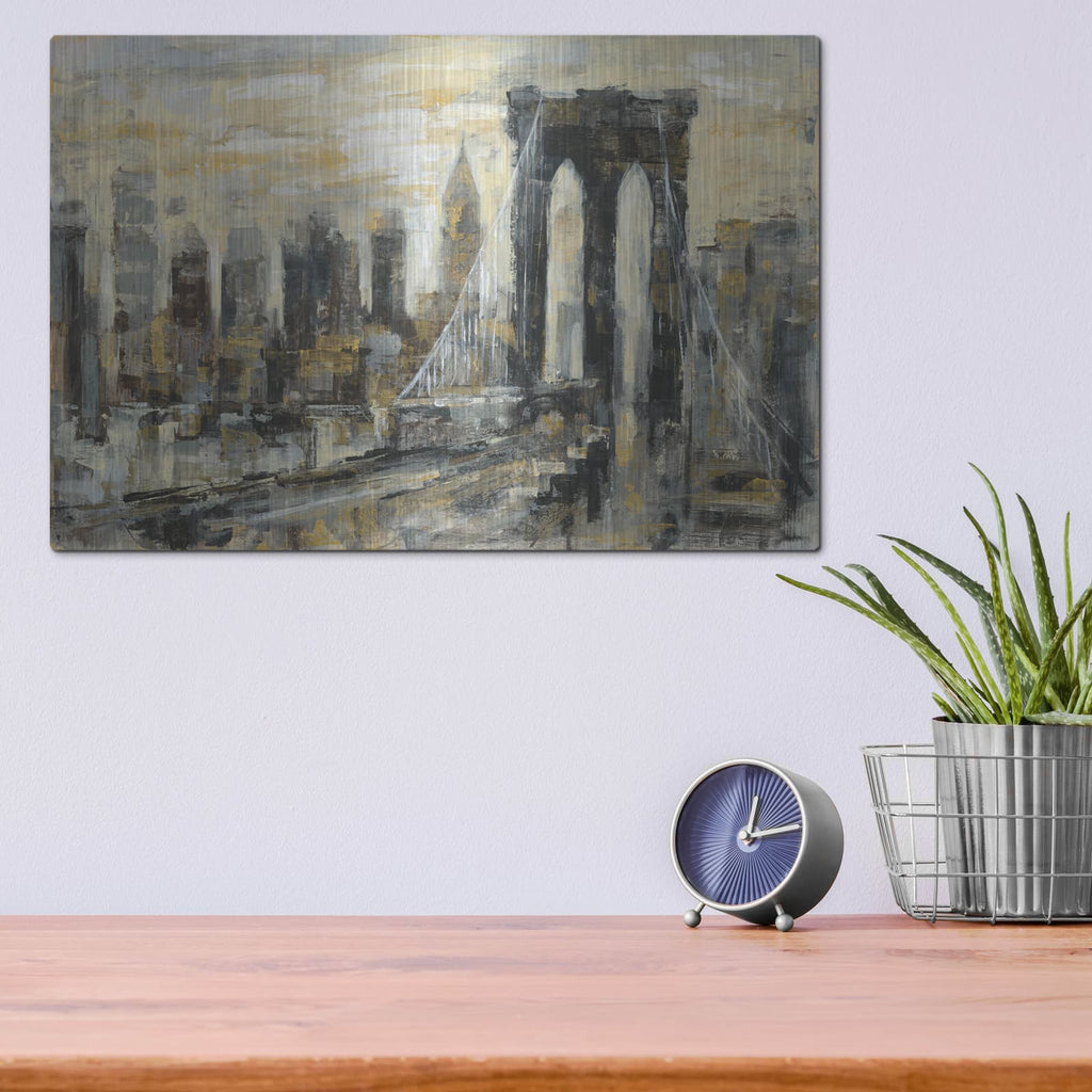 'Brooklyn Bridge Gray and Gold' by Silvia Vassileva – Metal Wall Art, 16x12 room view