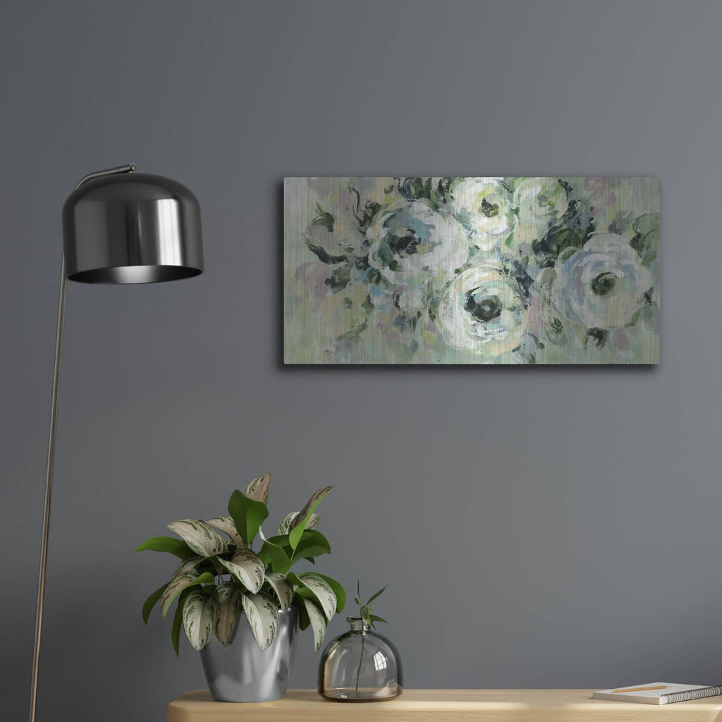 'Sage and Lavender Peonies' by Silvia Vassileva – Metal Wall Art, 24x12 room view