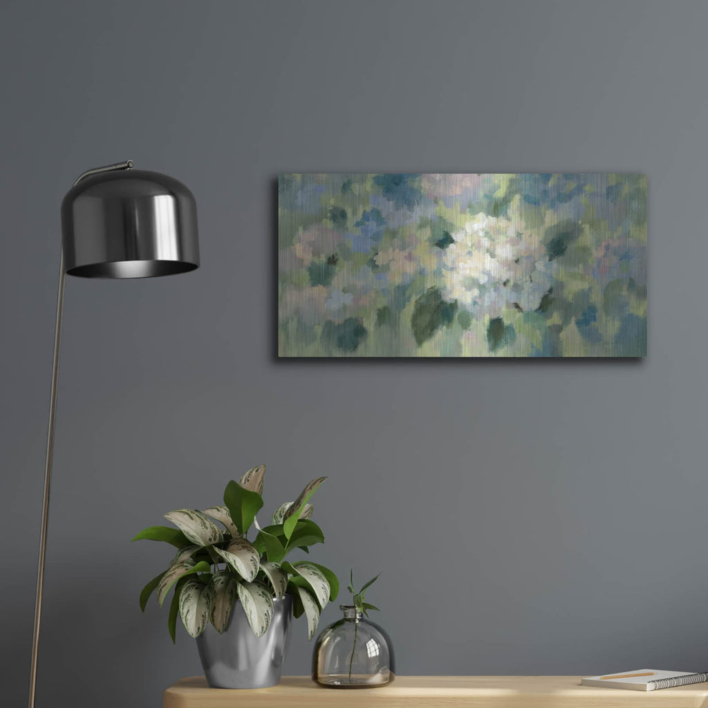 'Hydrangea Mosaic' by Silvia Vassileva – Metal Wall Art, 24x12 room view