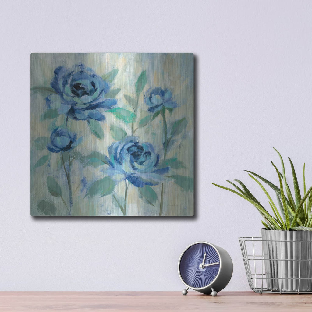 'Brushy Blue Flowers I' by Silvia Vassileva – Metal Wall Art, 12x12 room view