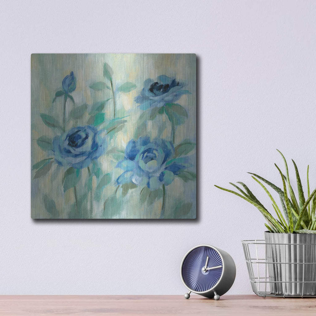 'Brushy Blue Flowers II' by Silvia Vassileva – Metal Wall Art, 12x12 room view