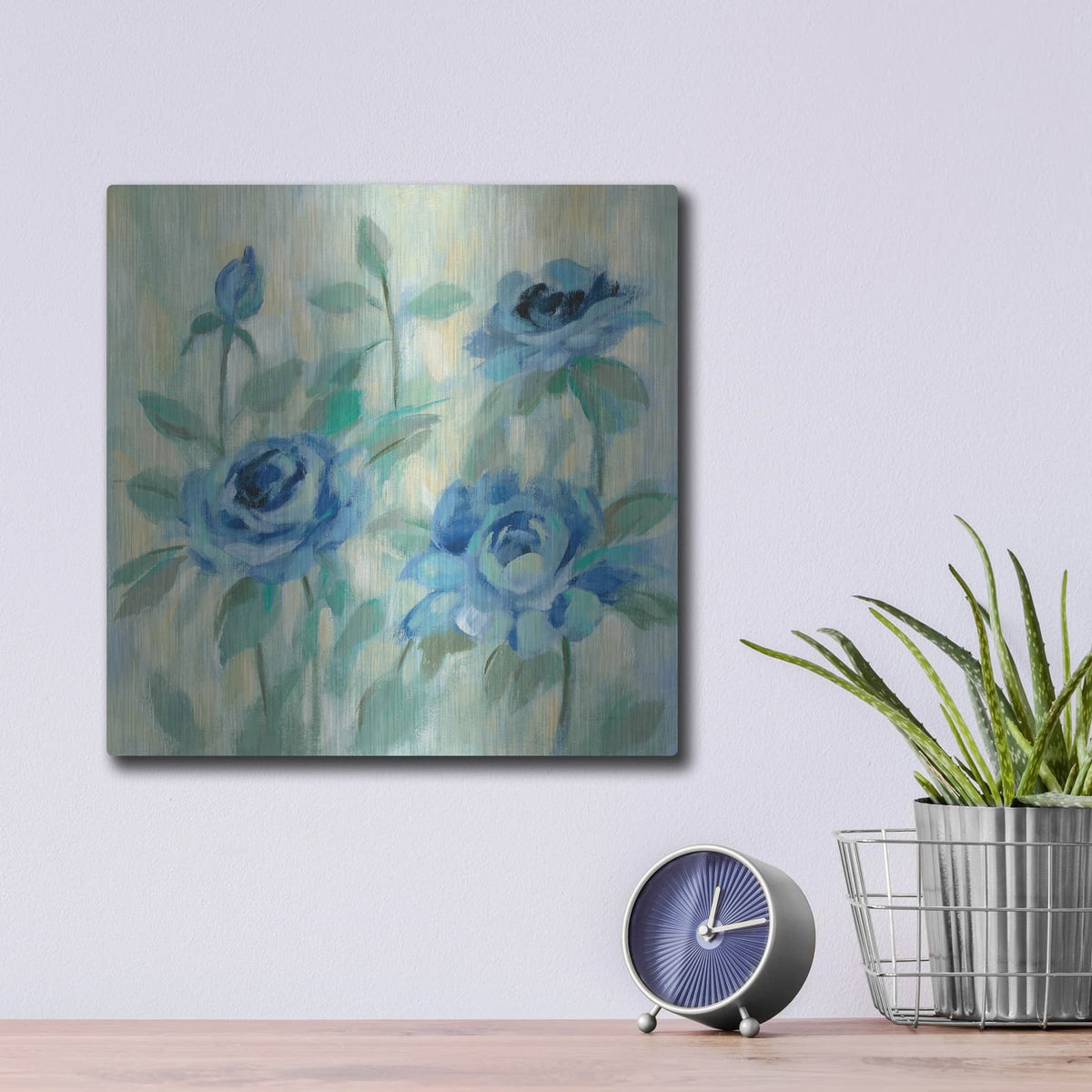 'Brushy Blue Flowers II' by Silvia Vassileva – Metal Wall Art, 12x12 room view