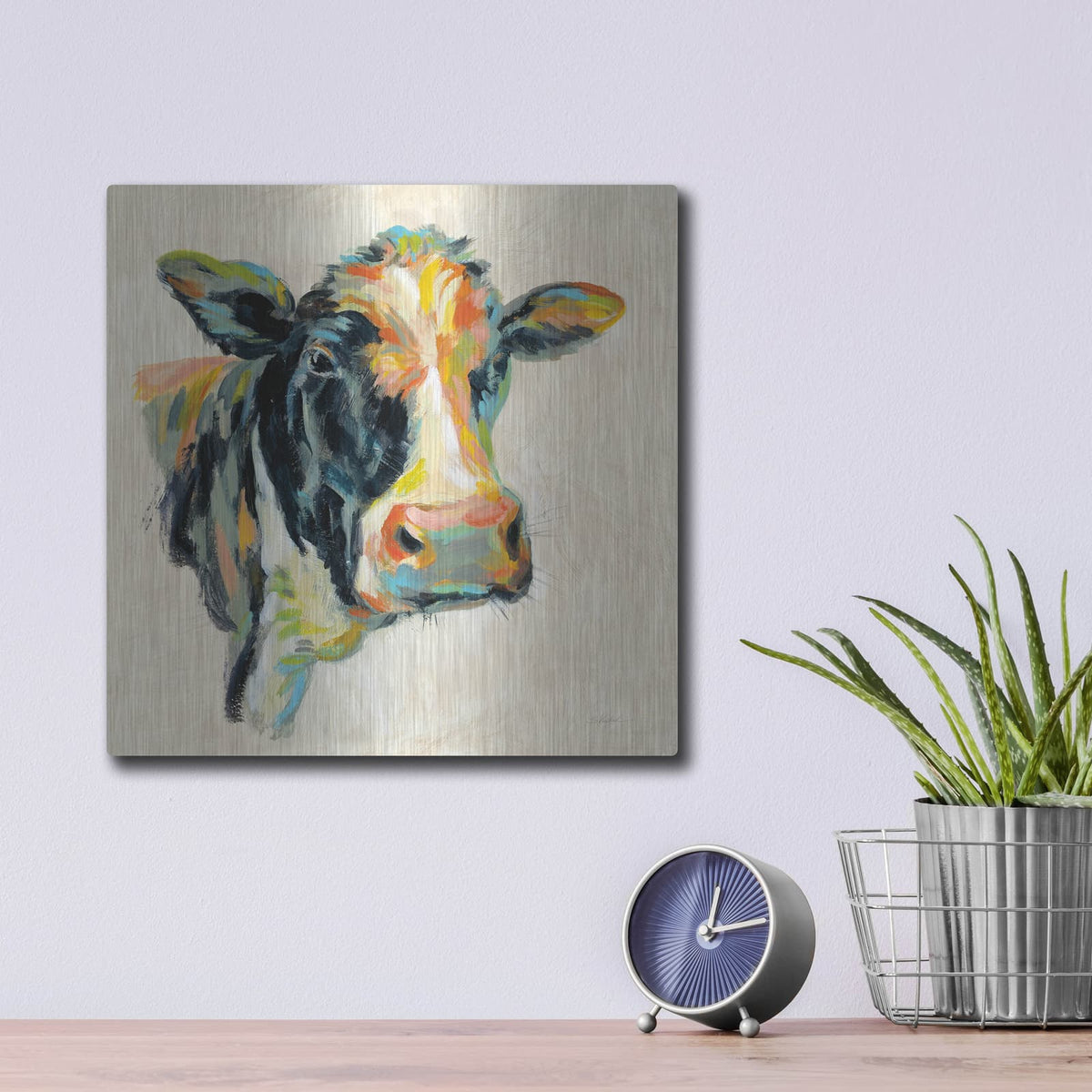 'Expressionistic Cow I' by Silvia Vassileva – Metal Wall Art, 12x12 room view
