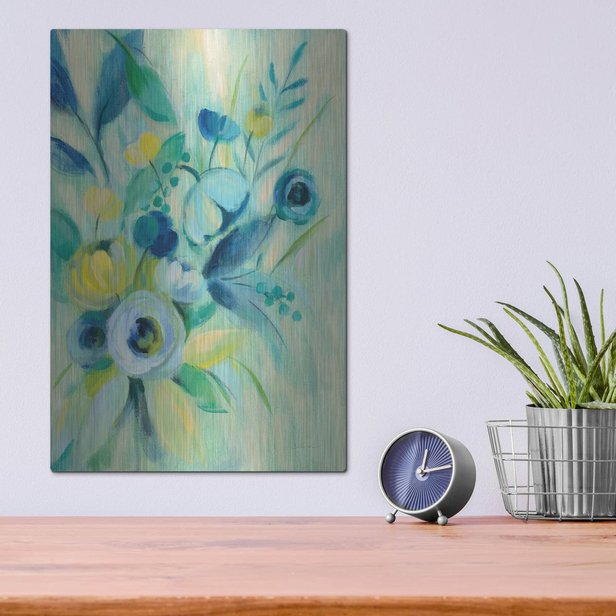 'Elegant Blue Floral I' by Silvia Vassileva – Metal Wall Art, 12x16 room view