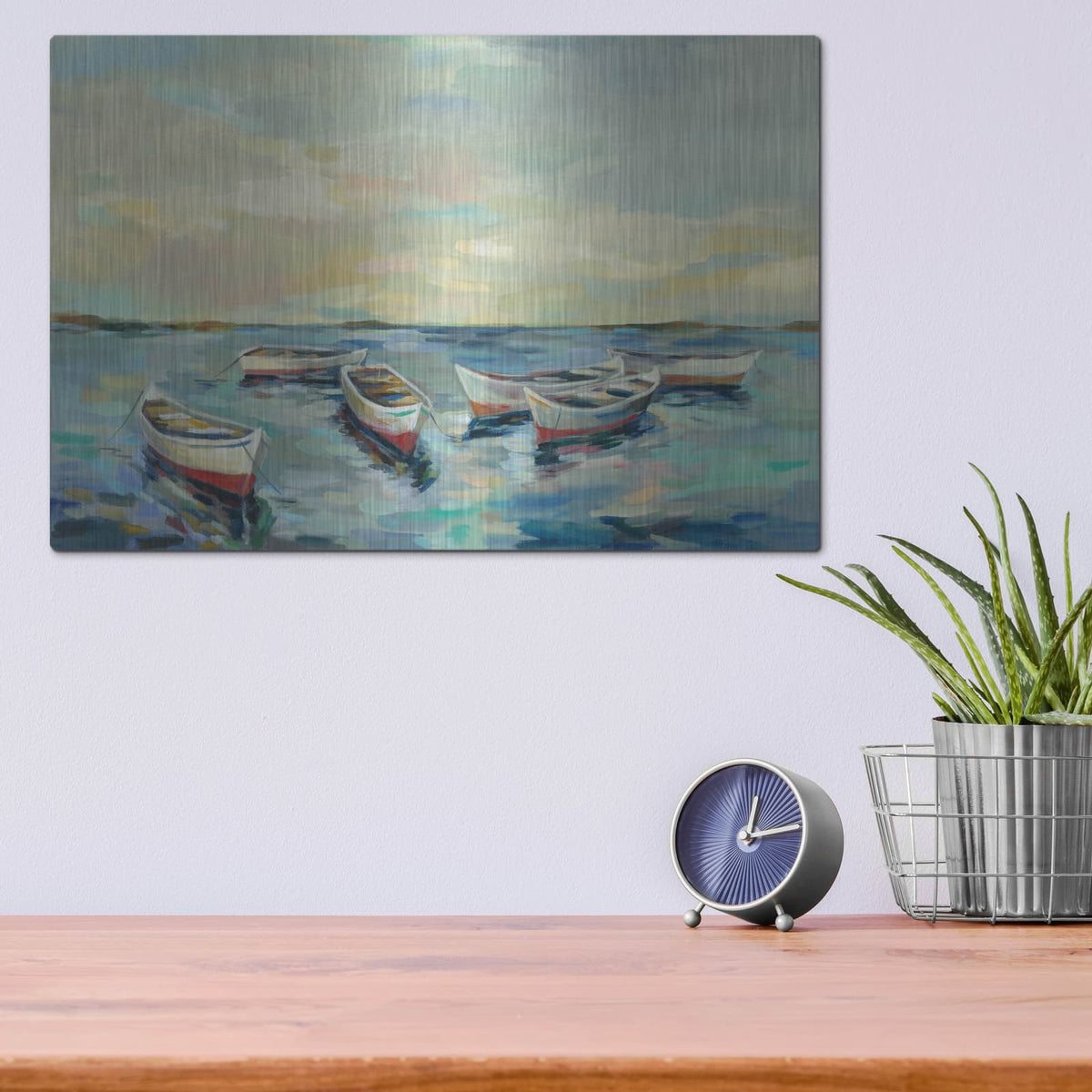 'Coastal View of Boats' by Silvia Vassileva – Metal Wall Art, 16x12 room view
