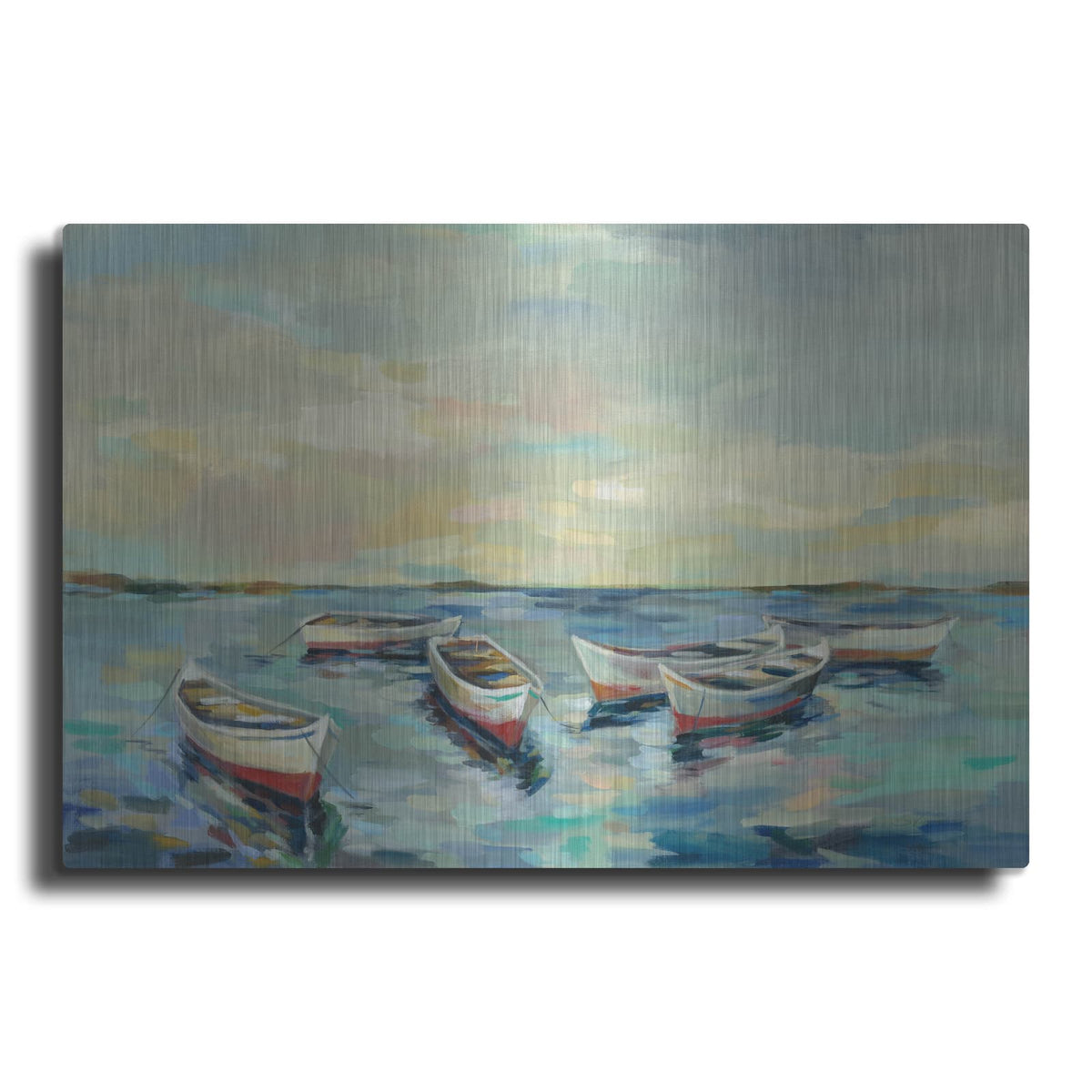 'Coastal View of Boats' by Silvia Vassileva – Metal Wall Art