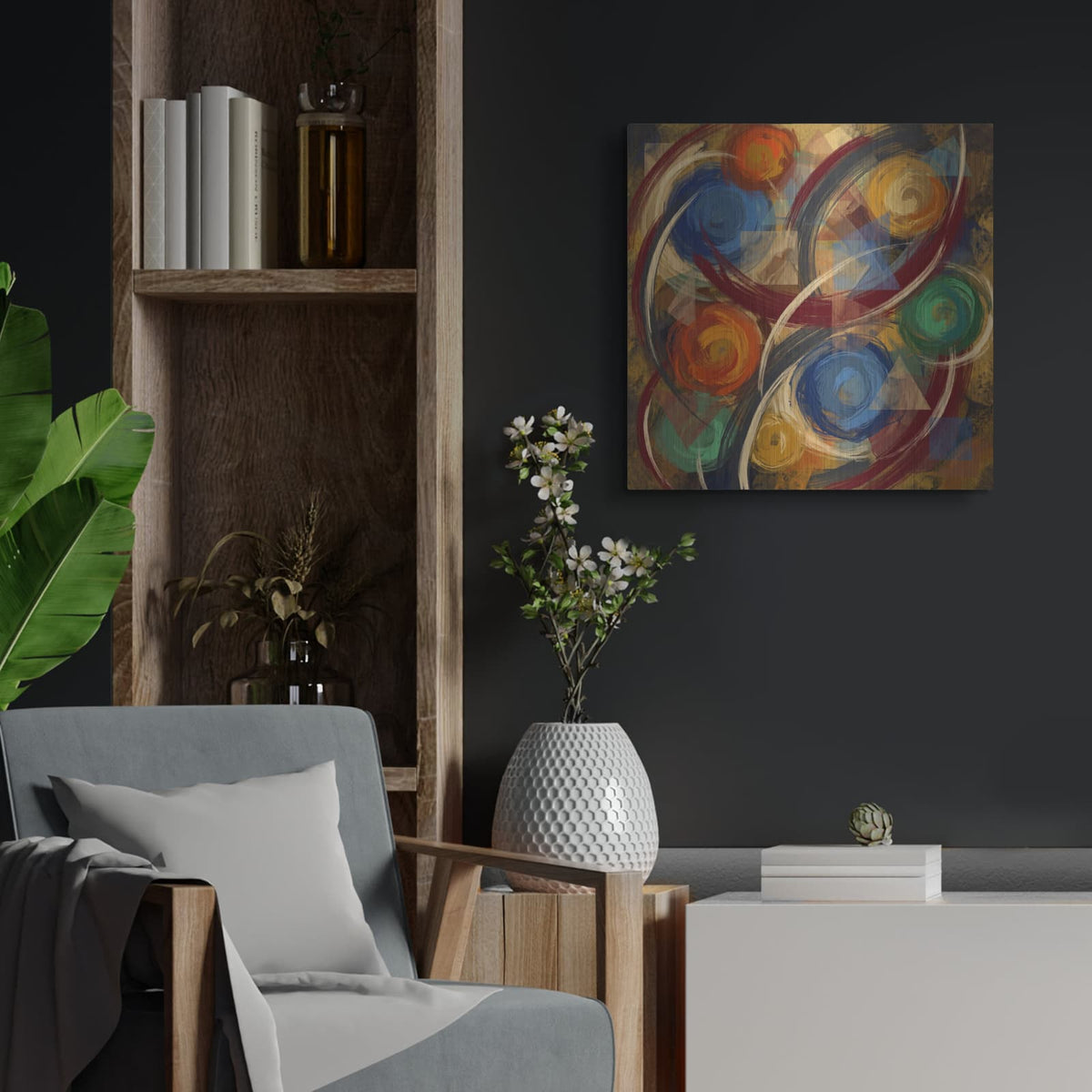 'Abstract Balanced Chaos II' by Veve – Metal Wall Art, 24x24 room view