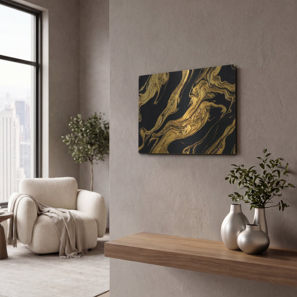 'Abstract Black Gold Luxury Jet' by Veve – Metal Wall Art, 16x12 room view