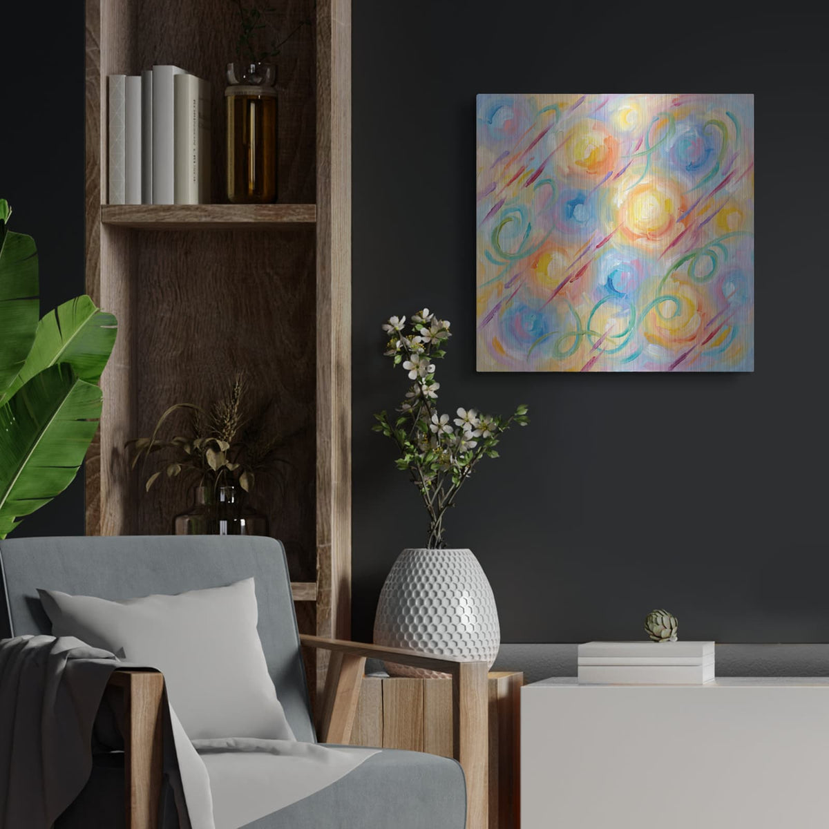 'Abstract Confetti I' by Veve – Metal Wall Art, 24x24 room view