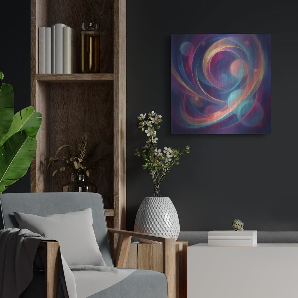 'Abstract Cosmic Orbits I' by Veve – Metal Wall Art, 24x24 room view