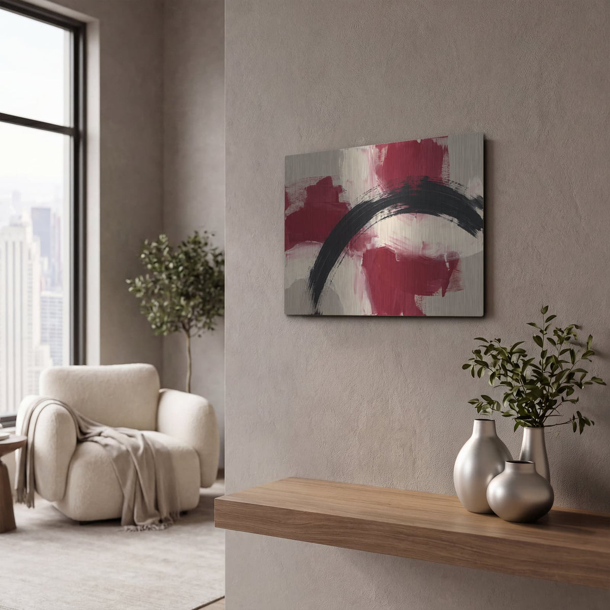 'Abstract Crimson Arc' by Veve – Metal Wall Art, 16x12 room view