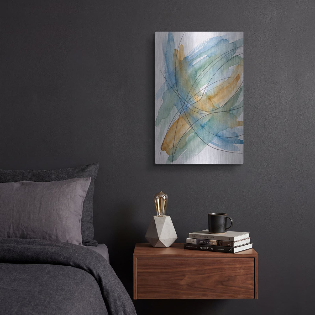 'Abstract Crosscurrent' by Veve – Metal Wall Art, 12x16 room view
