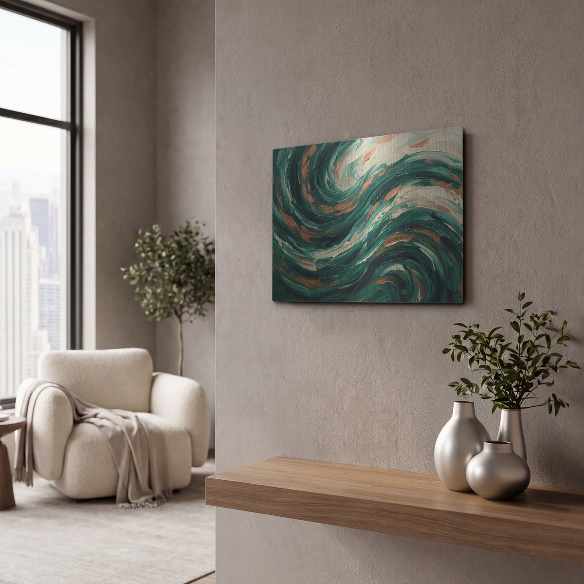 'Abstract Emerald Wave' by Veve – Metal Wall Art, 16x12 room view