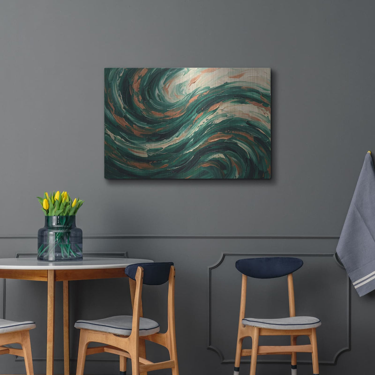 'Abstract Emerald Wave' by Veve – Metal Wall Art, 36x24 room view