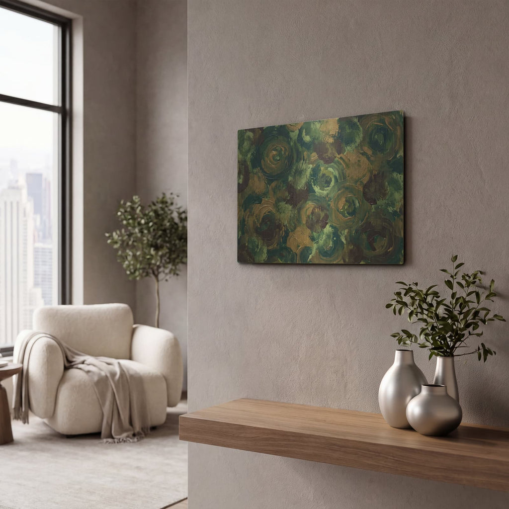 'Abstract Forest Moss' by Veve – Metal Wall Art, 16x12 room view