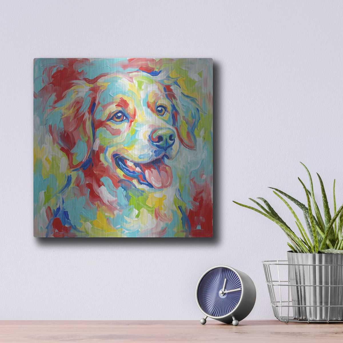 'Abstract Joyful Dog II' by Veve – Metal Wall Art, 12x12 room view