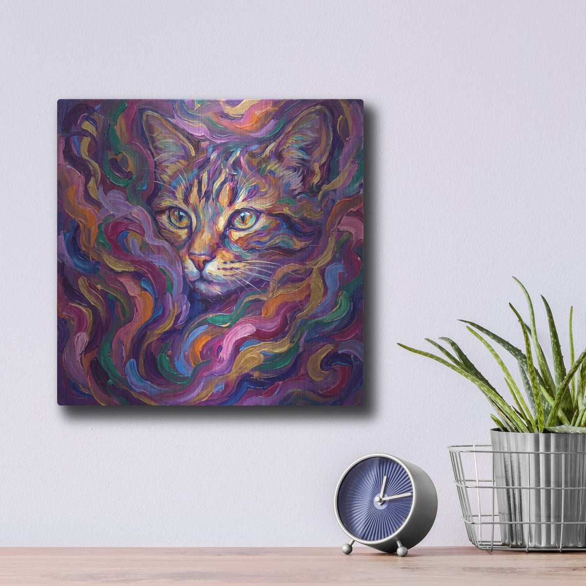 'Abstract Neon Cat I' by Veve – Metal Wall Art, 12x12 room view