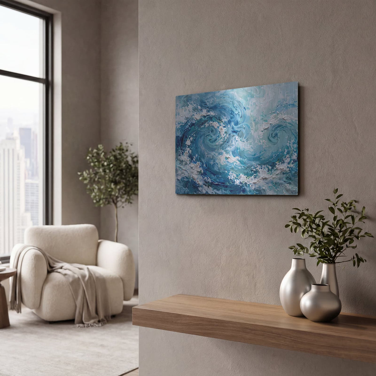 'Abstract Ocean Blue' by Veve – Metal Wall Art, 16x12 room view