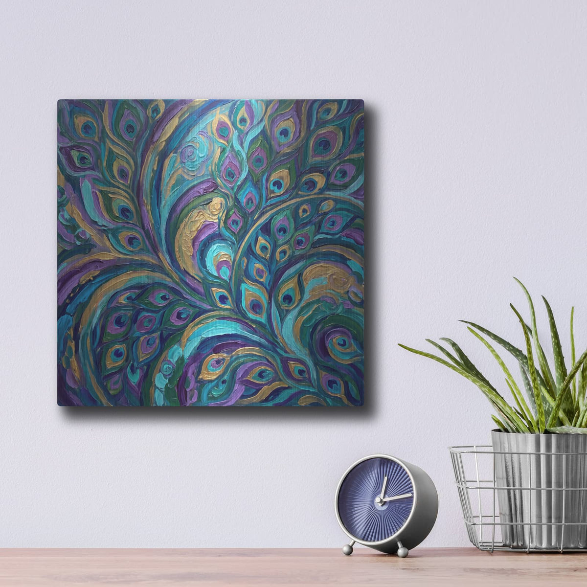'Abstract Peacock Radiance I' by Veve – Metal Wall Art, 12x12 room view